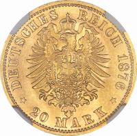 reverse of 20 Mark - Albert (1874 - 1878) coin with KM# 1236 from German States. Inscription: DEUTSCHES REICH 1876 * 20 MARK *