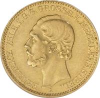 obverse of 10 Mark - Friedrich Wilhelm (1873) coin with KM# 104 from German States. Inscription: FRIEDRICH WILH.V.G.G.GROSSH.V.MECKLENB.STREL.