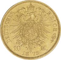 reverse of 10 Mark - Friedrich Wilhelm (1873) coin with KM# 104 from German States. Inscription: DEUTSCHES REICH 10 M. 1873