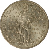 obverse of 10 Francs - Hugh Capet (1987) coin with KM# 961d from France. Inscription: MILLENAIRE CAPETIEN 987 1987