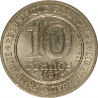 France coin 10 Francs - Hugh Capet (1987) reverse reverse of 10 Francs - Hugh Capet (1987) coin with KM# 961d from France. Inscription: REPUBLIQUE FRANÇAISE 10 Francs 1987 G.BALDRATI +LIBERTE EGALITE FRATERNITE+