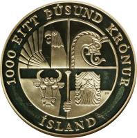Iceland coin 1000 Kronur - 1000 years to Leif Ericsson (2000) obverse obverse of 1000 Kronur - 1000 years to Leif Ericsson (2000) coin with KM# 37 from Iceland. Inscription: 1000 EITT ÞÚSUND KRÓNUR ÍSLAND