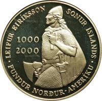 Iceland coin 1000 Kronur - 1000 years to Leif Ericsson (2000) reverse reverse of 1000 Kronur - 1000 years to Leif Ericsson (2000) coin with KM# 37 from Iceland. Inscription: LEIFUR EIRÍKSSON SONUR ÍSLANDS 1000 2000 FUNDUR NORÐUR-AMERÍKUÚ