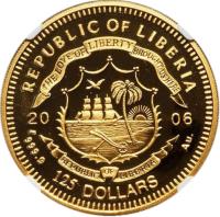 obverse of 125 Dollars - 75th Anniversary of the Adaptation of the Star Spangled Banner (2006) coin from Liberia. Inscription: REPUBLIC OF LIBERIA THE LOVE OF LIBERTY BROUGHT US HERE 20 06 REPUBLIC OF LIBERIA 999,9 Au. 125 DOLLARS PM