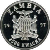 obverse of 2500 Kwacha - Death of Princess Diana (1997) coin with KM# 55 from Zambia. Inscription: ZAMBIA 1997 ONE ZAMBIA ONE NATION 2500 KWACHA