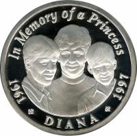reverse of 2500 Kwacha - Death of Princess Diana (1997) coin with KM# 55 from Zambia. Inscription: In memory of a Princess 1961 1997 DIANA