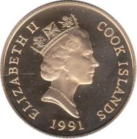 obverse of 50 Dollars - Elizabeth II - 500th Anniversary of the Discovery of America (1991) coin with KM# 145 from Cook Islands. Inscription: ELIZABETH II COOK ISLANDS RDM 1991