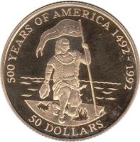 reverse of 50 Dollars - Elizabeth II - 500th Anniversary of the Discovery of America (1991) coin with KM# 145 from Cook Islands. Inscription: 500 YEARS OF AMERICA 1492-1992 50 DOLLARS