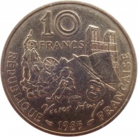 reverse of 10 Francs - Victor Hugo (1985) coin with KM# 956 from France. Inscription: 10 FRANCS Victor Hugo RÉPUBLIQUE 1985 FRANÇAISE
