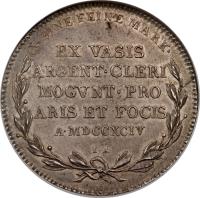 reverse of 1 Taler - Friedrich Karl Joseph (1794) coin with KM# 398 from German States. Inscription: X EINE FEINE MARK · EX VASIS ARGENT · CLERI MOGVNT · PRO ARIS ET FOCIS A · MDCCXCIV I · A ·