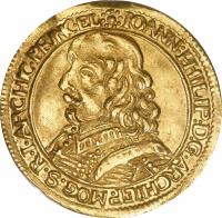 obverse of 1 Ducat - Johann Philipp - Trade coinage (1652 - 1661) coin with KM# 106 from German States. Inscription: IOANN:PHILIP:D.G.ARCHIEP.MOG.S.R.I.ARCHIC.PRINC.EL