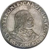 German States coin 1 Taler - Carl X Gustaf - Swedish occupation (1655 - 1657) obverse obverse of 1 Taler - Carl X Gustaf - Swedish occupation (1655 - 1657) coin with KM# 217 from German States. Inscription: CAROL:GVSTAVUS.D:G:REX.SUE.DVX.STE:POMER