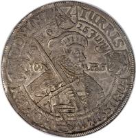 German States coin 2 Taler - Johann Georg I - 100th Anniversary of the Augsburg Confession (1630) reverse reverse of 2 Taler - Johann Georg I - 100th Anniversary of the Augsburg Confession (1630) coin with KM# 416 from German States. Inscription: NOMEN / DOMINI / TURRIS / FORTISSIMA 15 / 30 / 25 JUNY IOAN / NES