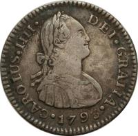 obverse of 1 Real - Carlos IV (1790 - 1808) coin with KM# 54 from Guatemala. Inscription: CAROLUS · IIII · DEI · GRATIA · 1795 ·