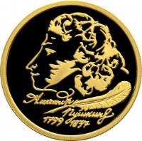 Russia coin 50 Roubles - 200th Anniversary of the Birth of A.S. Pushkin (1999) reverse reverse of 50 Roubles - 200th Anniversary of the Birth of A.S. Pushkin (1999) coin with Y# 692 from Russia.