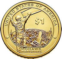 United States coin 1 Dollar - Native American: Mohawk Ironworkers (2015) reverse reverse of 1 Dollar - Native American: Mohawk Ironworkers (2015) coin with KM# 603 from United States. Inscription: UNITED STATES OF AMERICA $1 RS PH MOHAWK IRONWORKERS