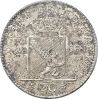 German States coin 20 Kreuzer - Karl Friedrich (1808) reverse reverse of 20 Kreuzer - Karl Friedrich (1808) coin with KM# 146 from German States. Inscription: LX EINE FEINE MARK 18 / 08 *20*