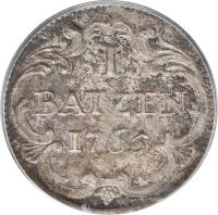 reverse of 1 Batzen (1763 - 1765) coin with KM# 164 from Swiss cantons. Inscription: I BATZEN 1765