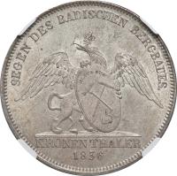 German States coin 1 Kronentaler - Leopold I (1836) reverse reverse of 1 Kronentaler - Leopold I (1836) coin with KM# 204 from German States. Inscription: SEGEN DES BADISCHEN BERGBAUES. GLÜCK AUF! KRONEN-THALER 1836