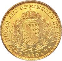 reverse of 1 Dukat - Leopold I (1837 - 1842) coin with KM# 208 from German States. Inscription: EIN DUCAT AUS RHEINGOLD ZU 22 K. 6 G. *1840*
