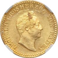 obverse of 1 Dukat - Leopold I (1843 - 1846) coin with KM# 215 from German States. Inscription: LEOPOLD GROSHERZOG VON BADEN