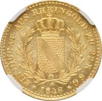 reverse of 1 Dukat - Leopold I (1843 - 1846) coin with KM# 215 from German States. Inscription: EIN DUCAT AUS RHEINGOLD ZU 22 K. 6 G. *1846*