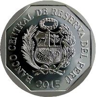 obverse of 1 Nuevo Sol - Wealth and Pride of Peru: Petroglifos de Pusharo (2015) coin with KM# 342 from Peru. Inscription: BANCO CENTRAL DE RESERVA DEL PERÚ 2015