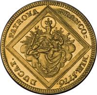 German States coin 1 Dukat - Adam Friedrich (1773 - 1779) reverse reverse of 1 Dukat - Adam Friedrich (1773 - 1779) coin with KM# 409 from German States. Inscription: DUCAT. / PATRONA / FRANCO= / NIÆ.1776.