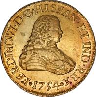 obverse of 8 Escudos - Fernando VI (1754 - 1755) coin with KM# 19 from Guatemala. Inscription: FERDIND · VI · D · G · HISP ETIND · REX · 1754 ·