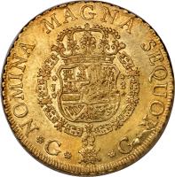 reverse of 8 Escudos - Fernando VI (1754 - 1755) coin with KM# 19 from Guatemala. Inscription: NOMINA MAGNA SEQUOR J 8 G G
