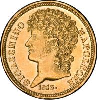 obverse of 20 Lire - Joachim Murat (1813) coin with KM# 264 from Italian States. Inscription: GIOACCHINO NAPOLEONE 1813