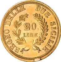reverse of 20 Lire - Joachim Murat (1813) coin with KM# 264 from Italian States. Inscription: REGNO DELLE DUE SICILIE 20 LIRE