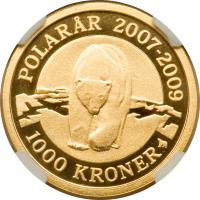 Denmark coin 1000 Kroner - Margrethe II - International Polar Year (2007) reverse reverse of 1000 Kroner - Margrethe II - International Polar Year (2007) coin with KM# 918 from Denmark. Inscription: POLARÅR 2007-2009 100 KRONER