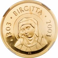 obverse of 2000 Kronor - Carl XIV Gustav - 700th Anniversary of the birth of Saint Birgitta (2003) coin with KM# 905 from Sweden. Inscription: 1303 · BIRGITTA · 2003 EN
