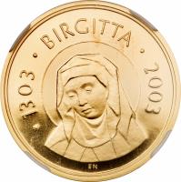 Sweden coin 2000 Kronor - Carl XIV Gustav - 700th Anniversary of the birth of Saint Birgitta (2003) obverse obverse of 2000 Kronor - Carl XIV Gustav - 700th Anniversary of the birth of Saint Birgitta (2003) coin with KM# 905 from Sweden. Inscription: 1303 · BIRGITTA · 2003 EN