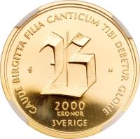 Sweden coin 2000 Kronor - Carl XIV Gustav - 700th Anniversary of the birth of Saint Birgitta (2003) reverse reverse of 2000 Kronor - Carl XIV Gustav - 700th Anniversary of the birth of Saint Birgitta (2003) coin with KM# 905 from Sweden. Inscription: GAUDE BIRGITTA FILIA CAN-TICUM TIBI DEBETUR GLORIE E H 2000 KRONOR SVERIGE
