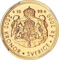 reverse of 2000 Kronor - Carl XIV Gustav - Year 2000 (1999) coin with KM# 899 from Sweden. Inscription: E 19 99 B 2000 KRONOR * SVERIGE * ÅR 2000