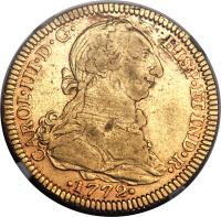 Mexico coin 4 Escudos - Carlos III (1772 - 1784) obverse obverse of 4 Escudos - Carlos III (1772 - 1784) coin with KM# 142 from Mexico. Inscription: CAROL · III · D · G · HISP · ET IND · R · · 1779 ·
