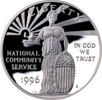 United States coin 1 Dollar - Corporation for National and Community Service (1996) obverse obverse of 1 Dollar - Corporation for National and Community Service (1996) coin with KM# 275 from United States. Inscription: LIBERTY IN GOD WE TRUST NATIONAL COMMUNITY SERVICE 1996