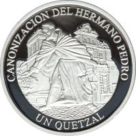 Guatemala coin 1 Quetzal - Canonization of Brother Pedro Betancourt (2002) reverse reverse of 1 Quetzal - Canonization of Brother Pedro Betancourt (2002) coin with KM# 287 from Guatemala. Inscription: CANONIZACION DEL HERMANO PEDRO UN QUETZAL