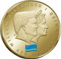 obverse of 5 Florin - Willem-Alexander - 1st Year of Kingship (2014) coin with KM# 59 from Aruba. Inscription: REY WILLEM-ALEXANDER | REINA MÁXIMA EK