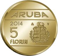 reverse of 5 Florin - Willem-Alexander - 1st Year of Kingship (2014) coin with KM# 59 from Aruba. Inscription: ARUBA 2014 5 FLORIN