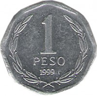 reverse of 1 Peso (1992 - 2013) coin with KM# 231 from Chile. Inscription: 1 PESO 2006