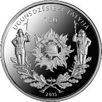 Latvia coin 5 Euro - 150 years of firefighting in Latvia (2015) obverse obverse of 5 Euro - 150 years of firefighting in Latvia (2015) coin with KM# 167 from Latvia. Inscription: UGUNSDZĒSĪBAI LATVIJĀ 150 2015