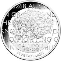 Australia coin 5 Dollars - Elizabeth II - Centenary of the Gallipoli Landing (2015) reverse reverse of 5 Dollars - Elizabeth II - Centenary of the Gallipoli Landing (2015) coin with KM# 2197 from Australia. Inscription: GALLIPOLI 1915-2015 FIVE DOLLARS