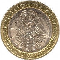 obverse of 100 Pesos (2001 - 2015) coin with KM# 236 from Chile. Inscription: REPUBLICA DE CHILE MAPUCHE So · PUEBLOS ORIGINARIOS ·