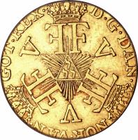 obverse of 12 Mark - Frederik V (1757 - 1763) coin with KM# 586 from Denmark. Inscription: D · G · DAN · NOR · VAN · GOT · REX ·