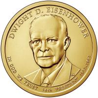 obverse of 1 Dollar - Dwight D. Eisenhower (2015) coin with KM# 607 from United States. Inscription: DWIGHT D. EISENHOWER IN GOD WE TRUST 34th PRESIDENT 1953-1961