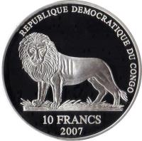 obverse of 10 Francs - Michael Schumacher (2007) coin from Congo - Democratic Republic. Inscription: REPUBLIQUE DEMOCRATIQUE DU CONGO 10 FRANCS 2007