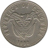 obverse of 50 Pesos - Non magnetic (1989 - 2012) coin with KM# 283 from Colombia. Inscription: REPUBLICA DE COLOMBIA 1990